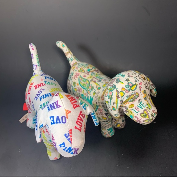 PINK by Victoria's Secret White Dog Rainbow Love and Graffiti Plush Dog Lot of 2 - Picture 2 of 13